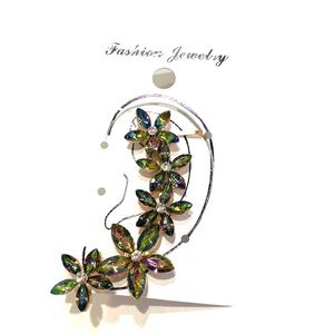 Ear Cuff Climber Flower Gold Tone Rainbow Rhinestones